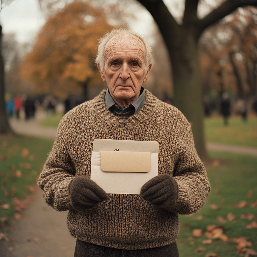 Old Man in Park Holding Envelope