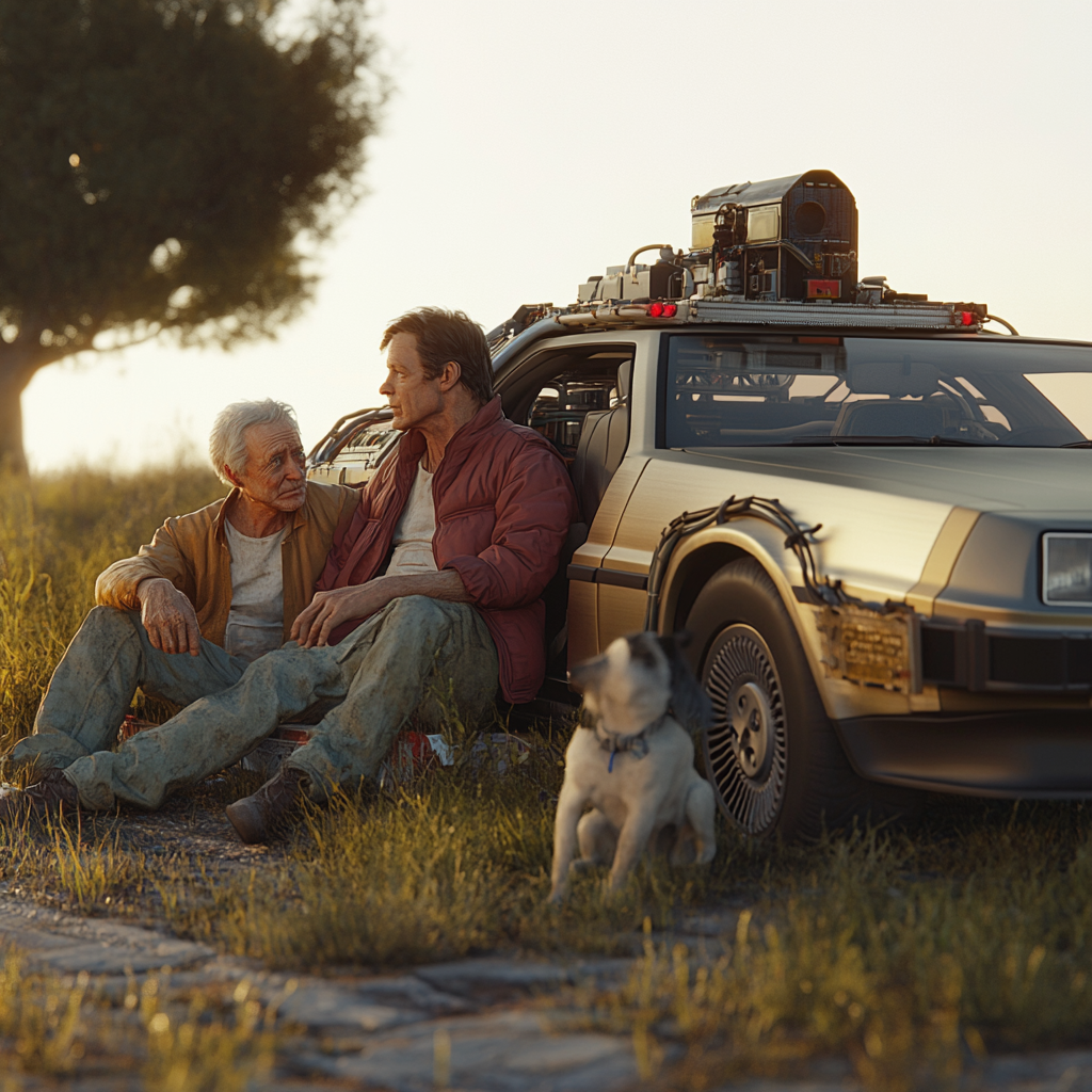 Old Marty McFly and Doc Brown with dog near.