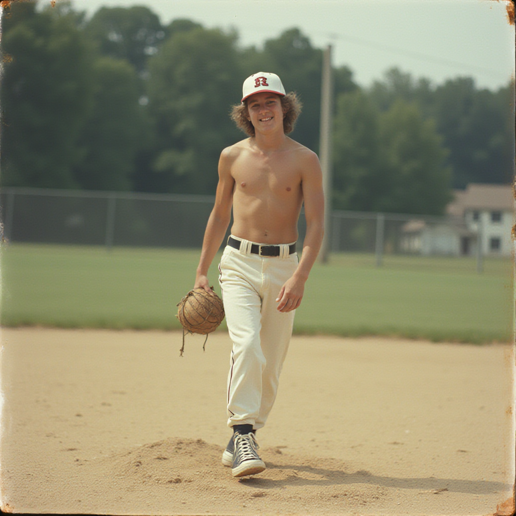 Old Photo of Teen Playing Baseball in 1980s Suburb