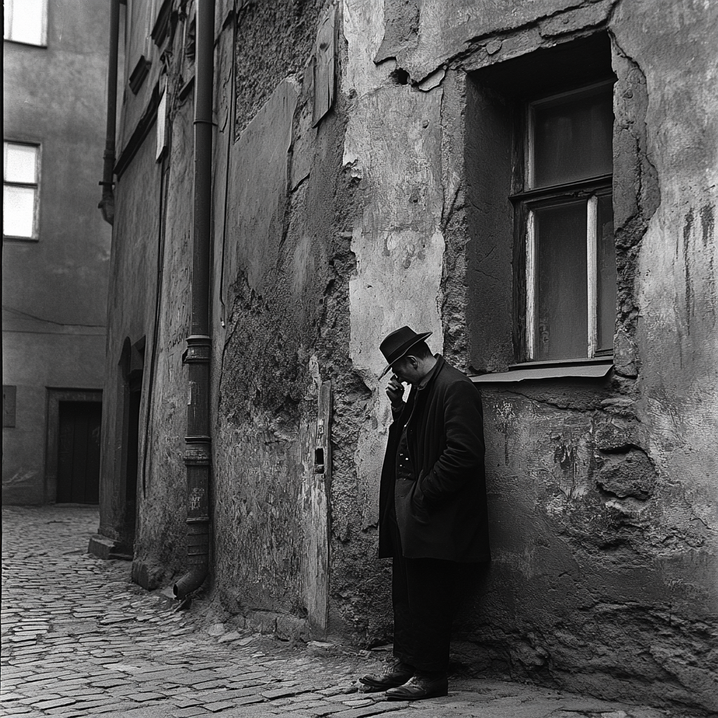 Old Prague street, post-war Czechoslovakia, man spy smoking.