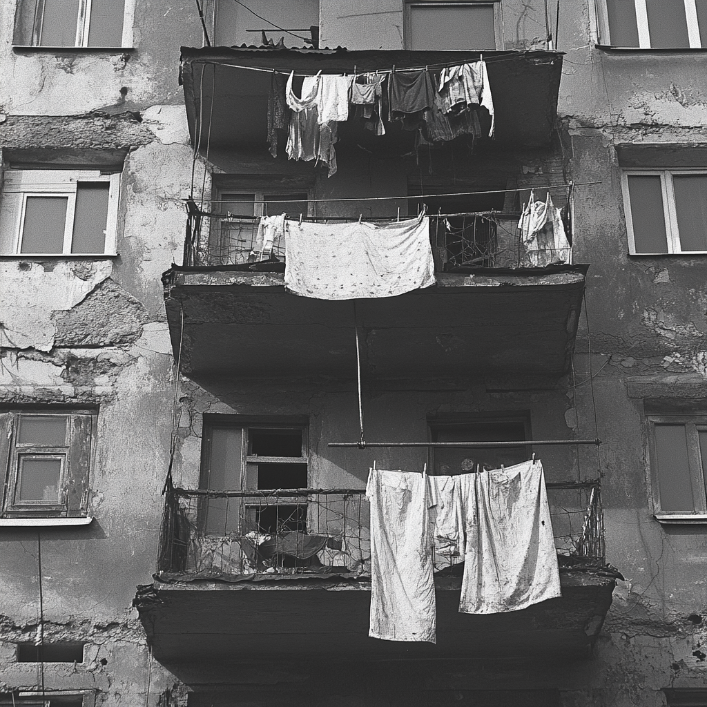 Old Russian style house with laundry hanging outside.