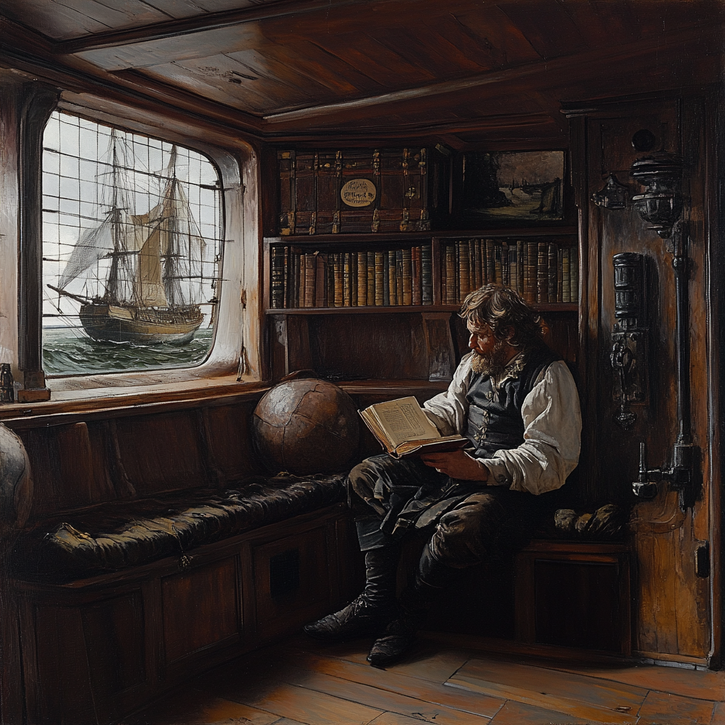 Old Scholar Reading Book in Captain's Boat Chamber