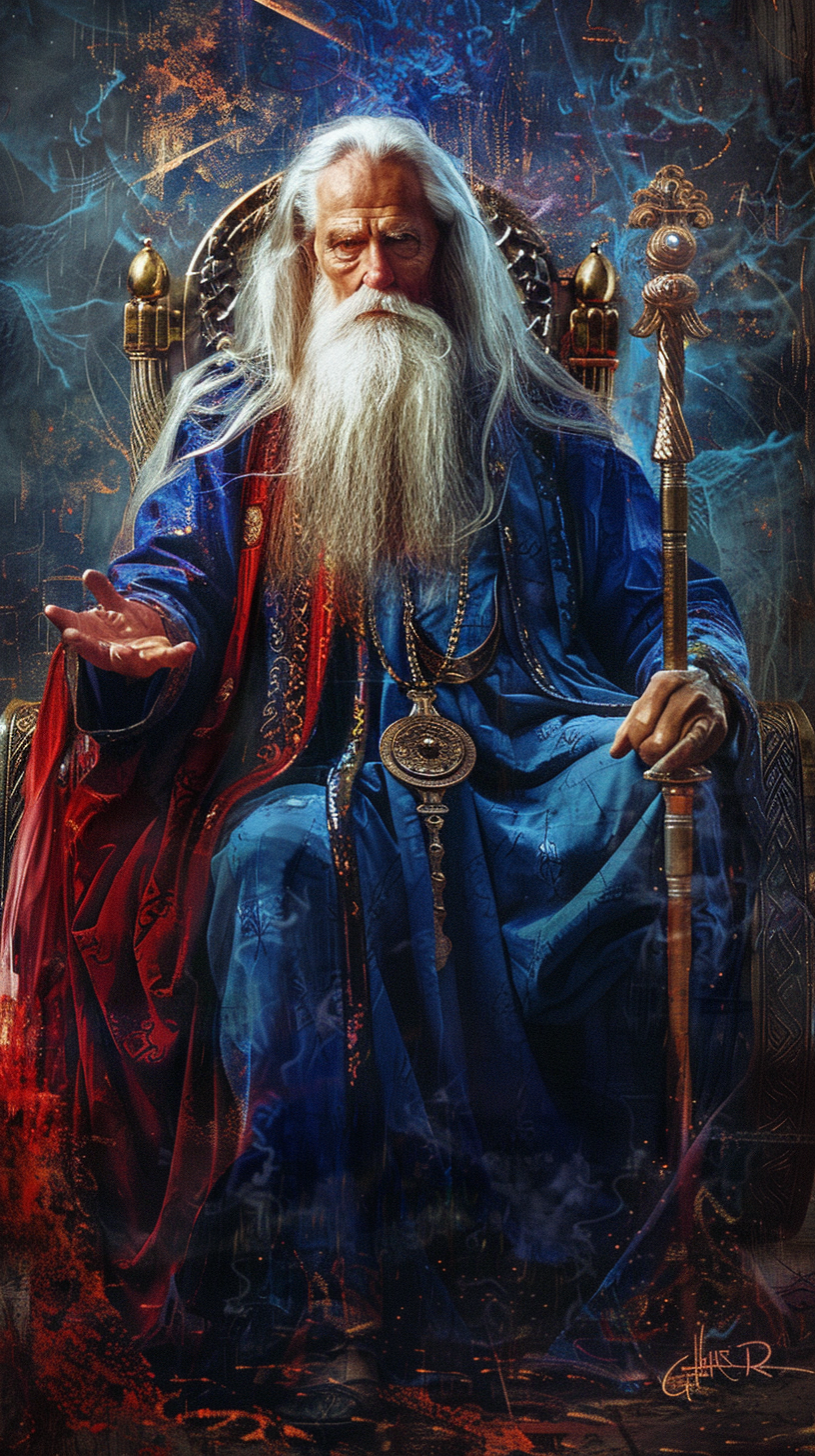 Old Tarot Card Elderly Man on Blue Throne 