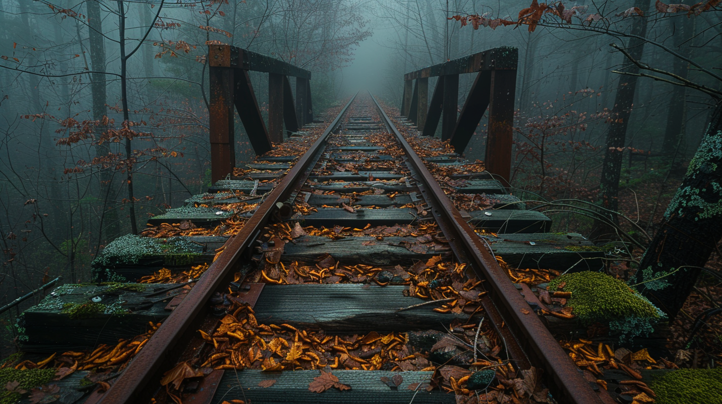 Old abandoned railway crossing in deep woods, rusted tracks.