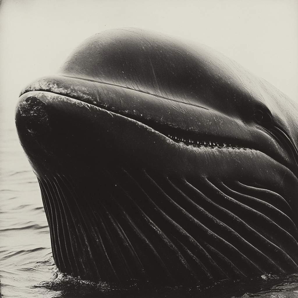 Old black and white photo of happy whale.