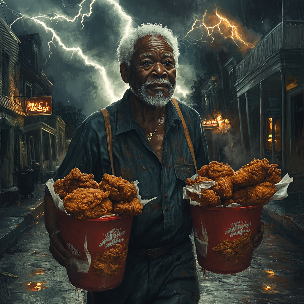 Old black man holds KFC buckets, lightning flashes behind.