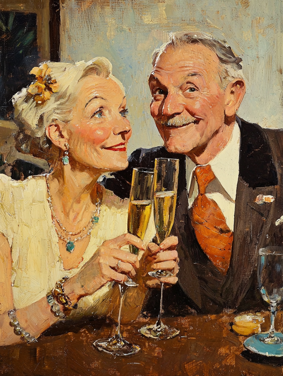 Old book cover with couple, drinking champagne, mystery style.