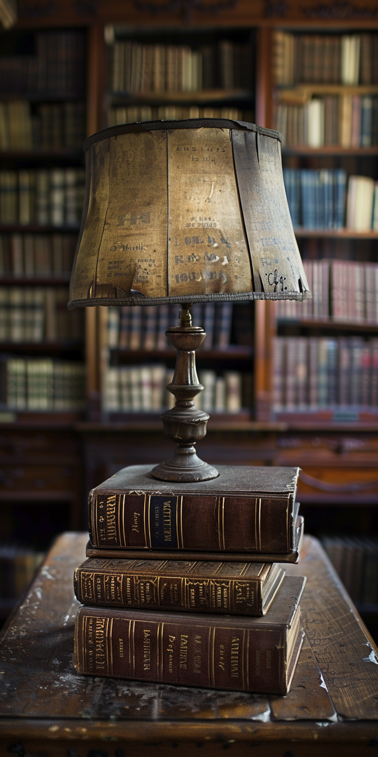 Old book on antique desk in dark library.