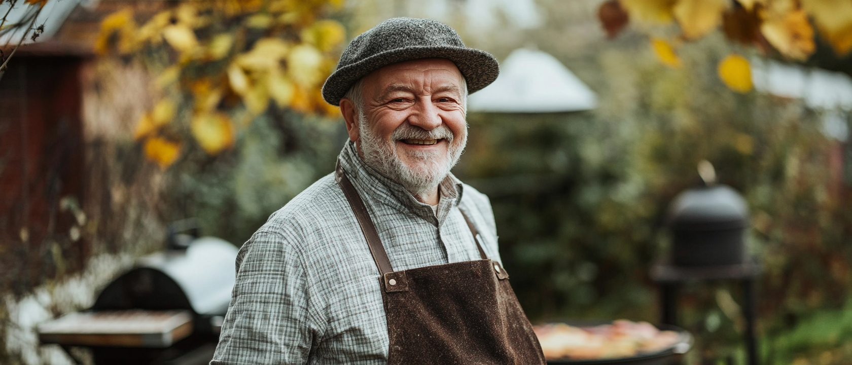 Old butcher in traditional clothes, smiling, standing outside.