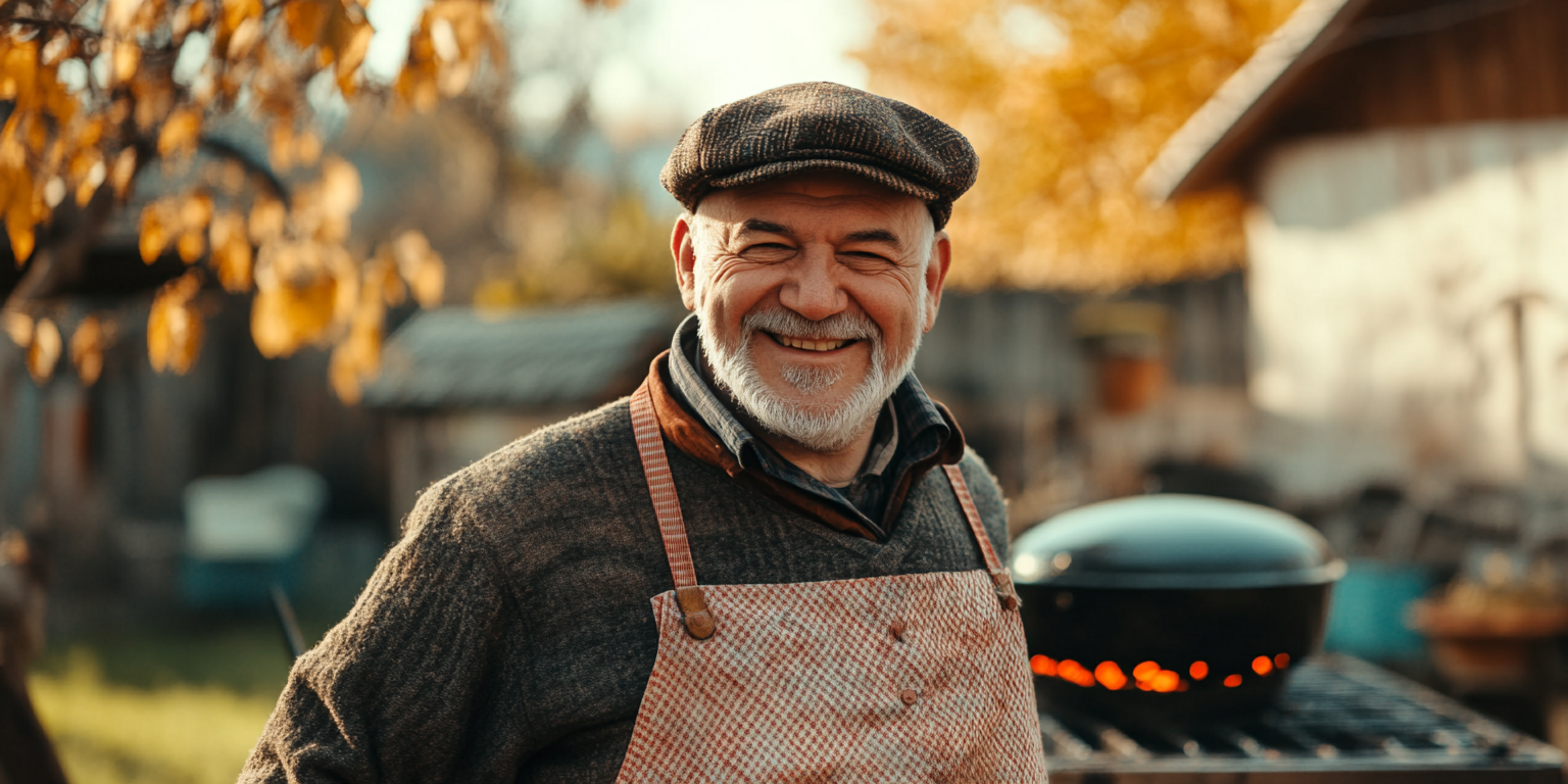 Old butcher in traditional clothes smiles in garden.