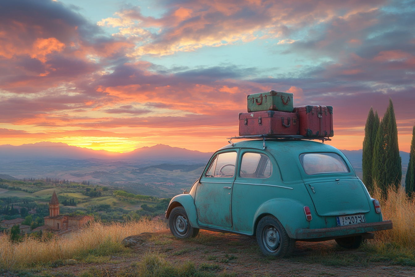 Old car with suitcases under beautiful sunrise scenery