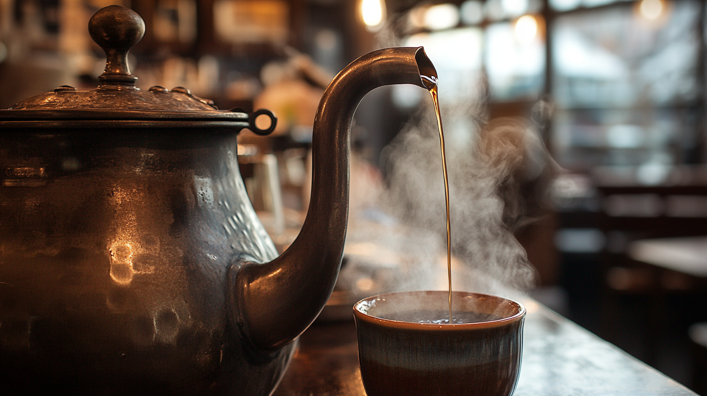 Old coffee pot pours dark liquid in café