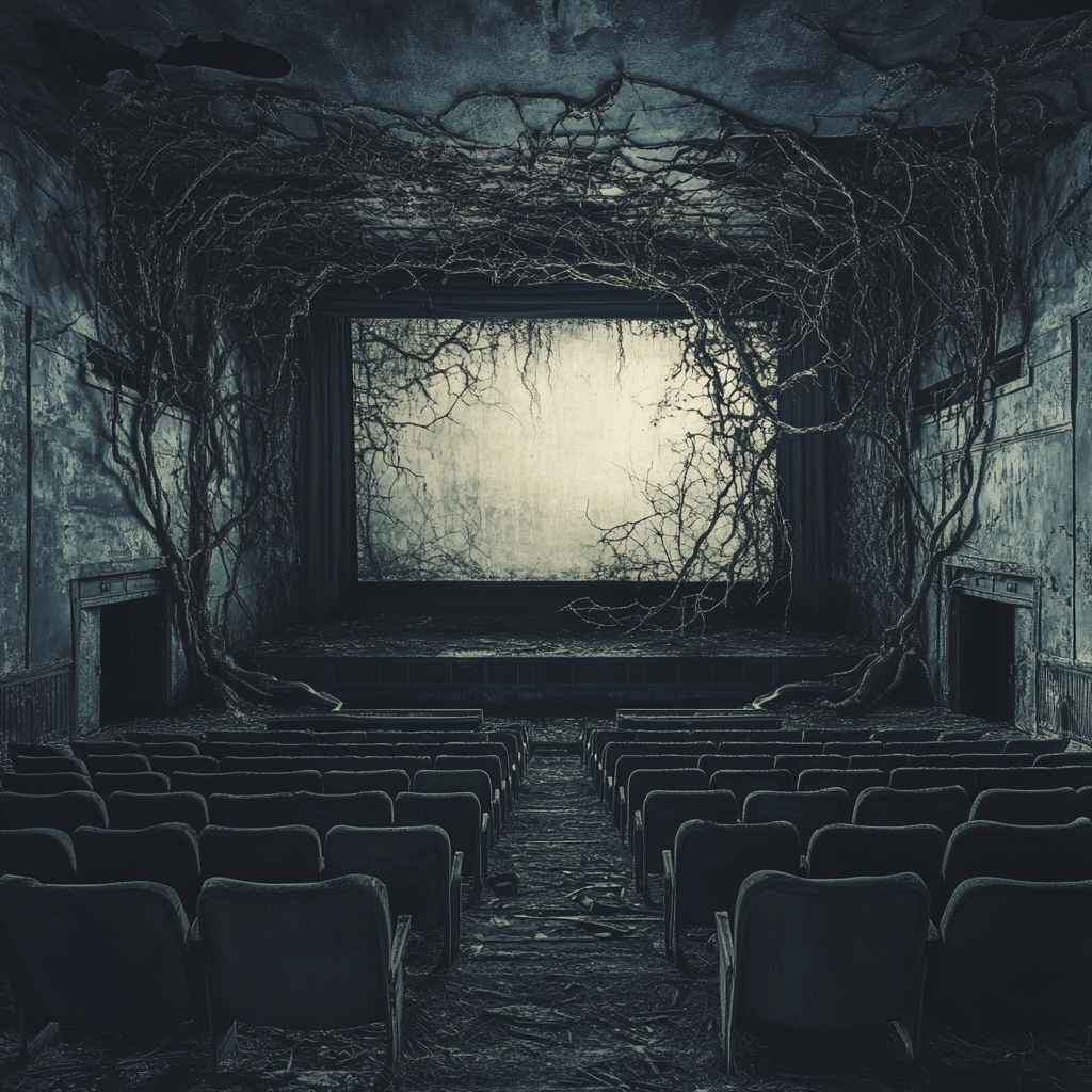 Old decaying movie theatre screen surrounded by empty seats.