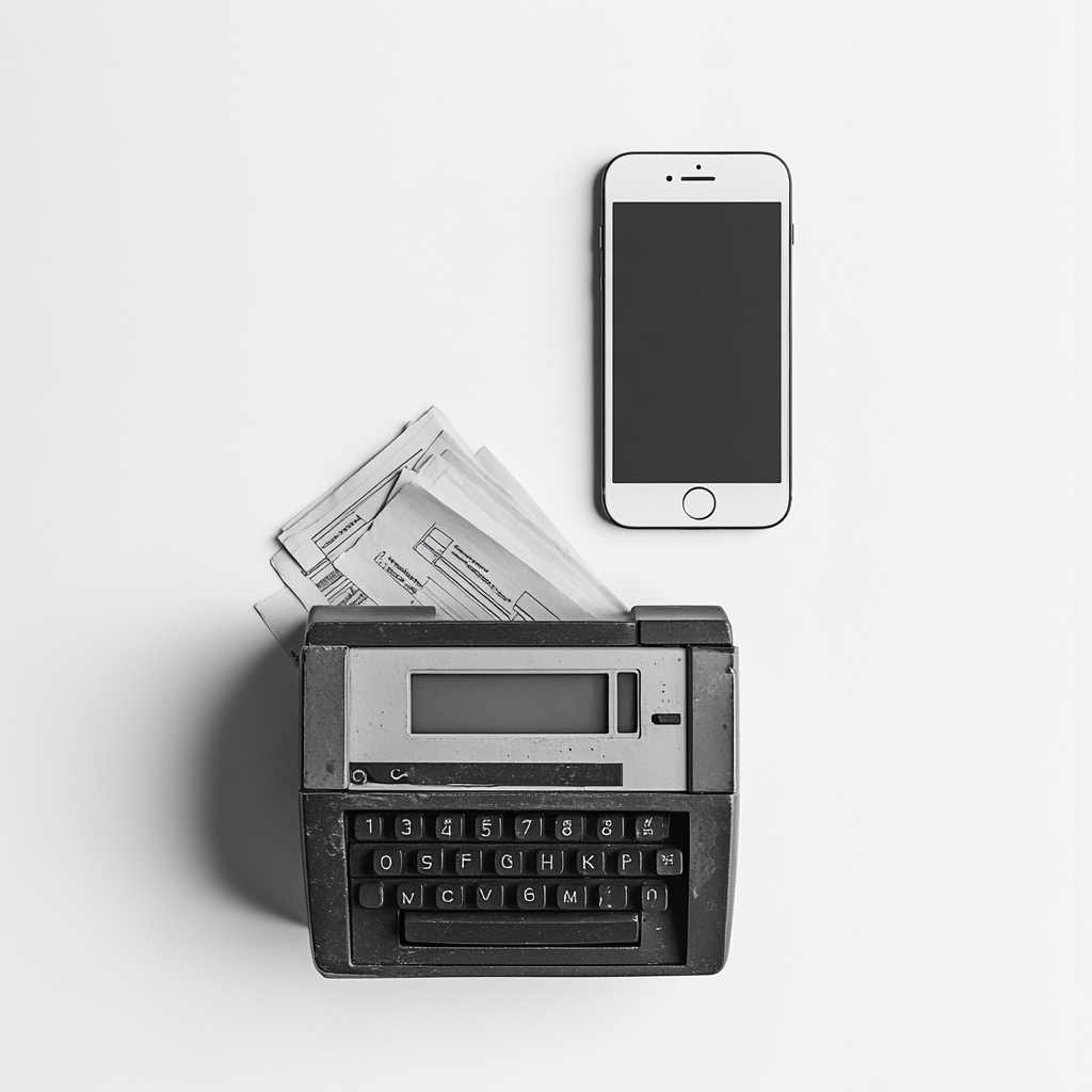 Old fax machine vs modern iPhone in monochrome contrast.