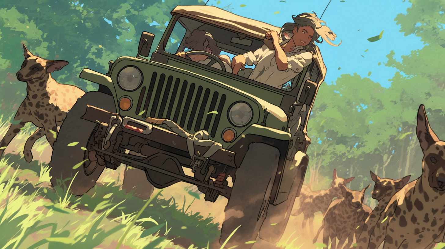 Old green jeep safari Sudanese brush spotted dogs