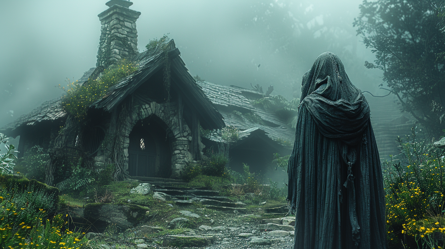 Old hag in foggy forest, strange hut background.