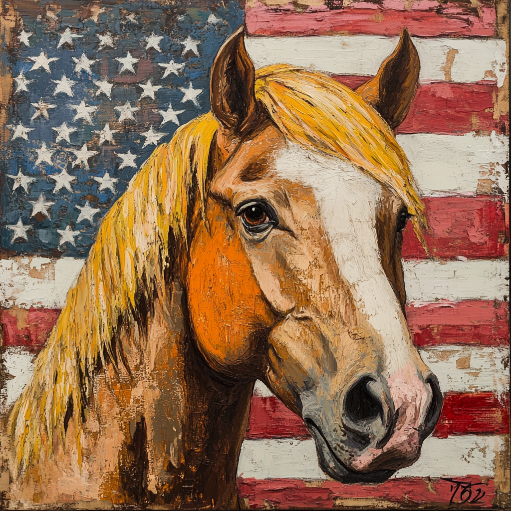 Old horse with yellow combover, orange face, American flag.