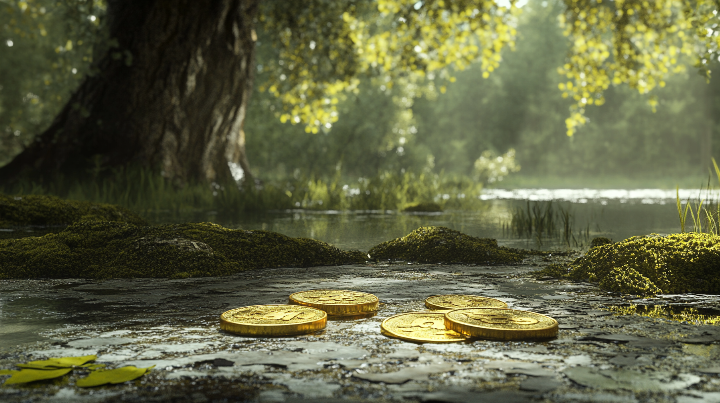 Old lake with bushes, trees, gold coins, equipment. Sunny day.