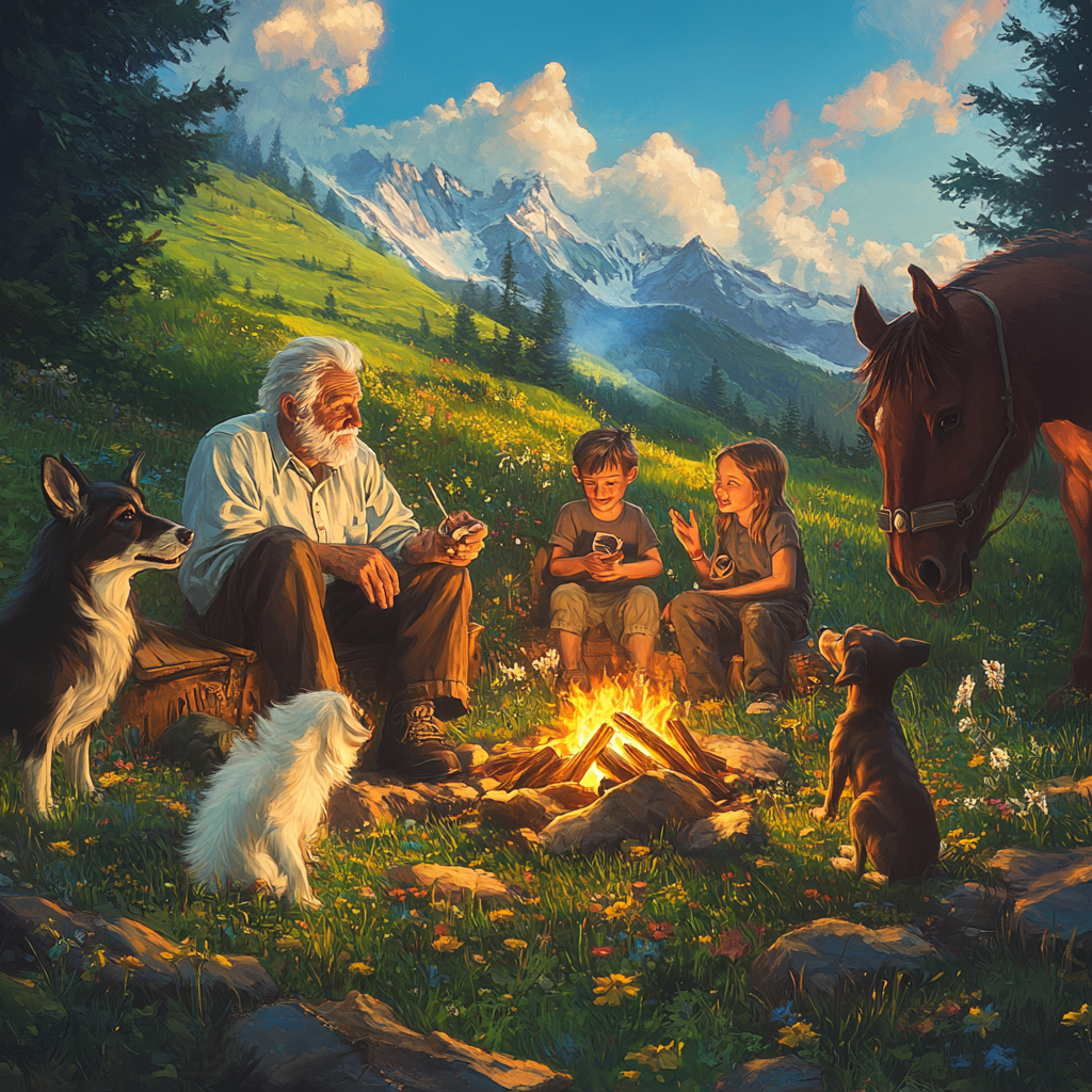 Old man, children, animals by campfire in harmony.