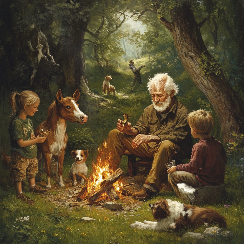 Old man, kids, animals by campfire in nature.