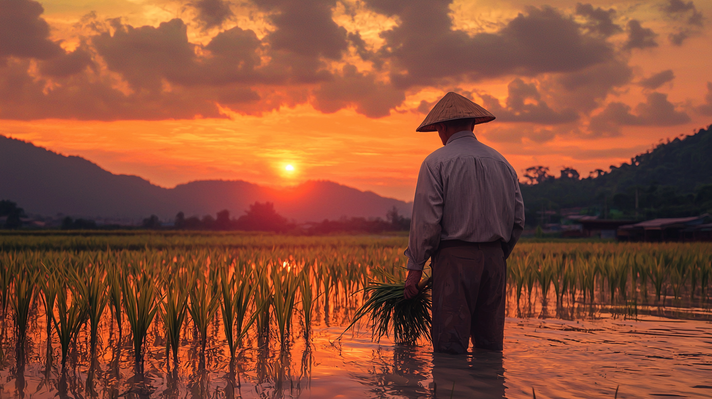 Old man in rice field at sunset, holding plants.