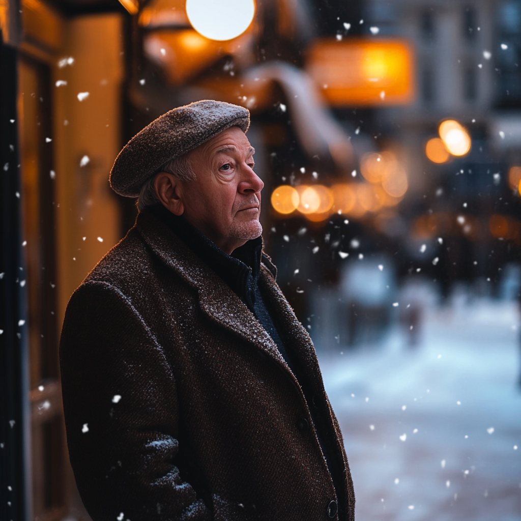 Old man in winter coat standing in snow.