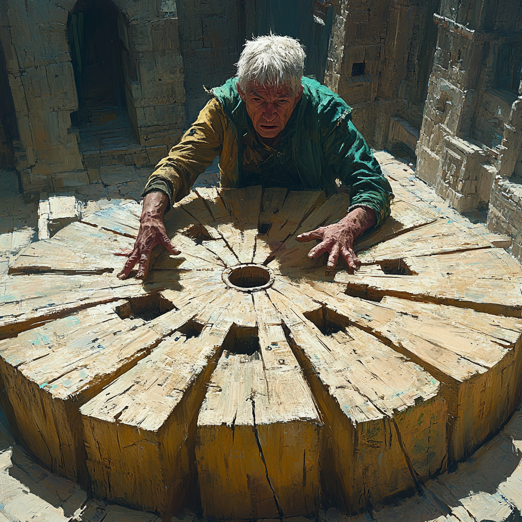 Old man in workshop struggles to turn wheel.