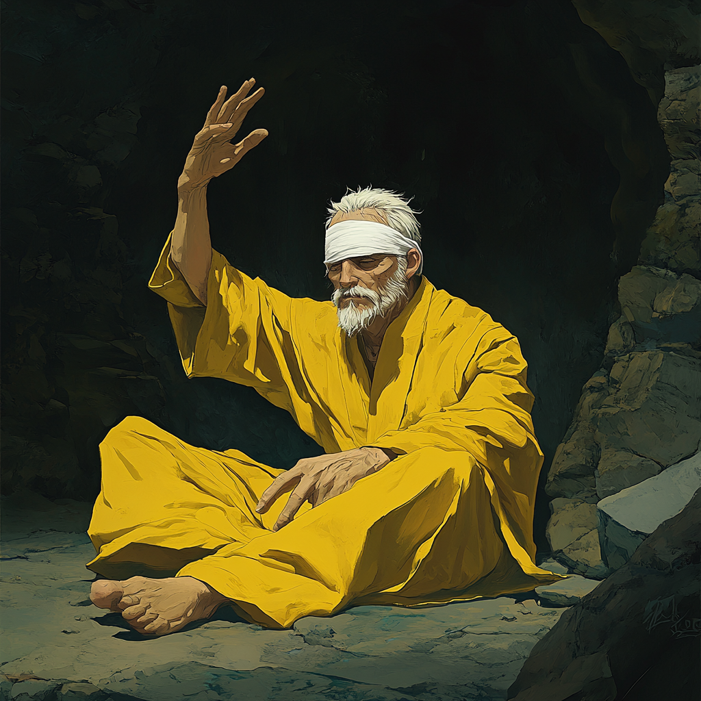 Old man in yellow robe, bandage, arm out, dark background.