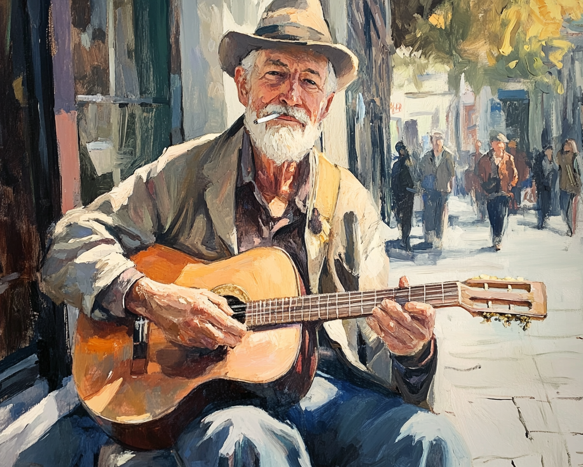 Old man playing guitar outside Cafe while smoking.