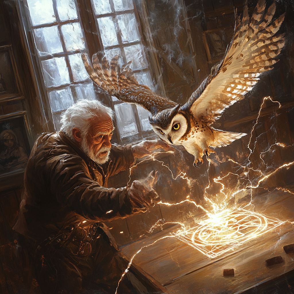 Old man struck by lightning, big owl flying, magic sigil glowing in classroom.