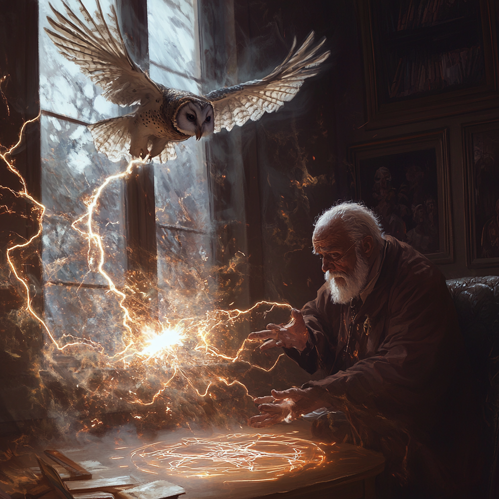 Old man struck by lightning, owl flying, magic sigil.