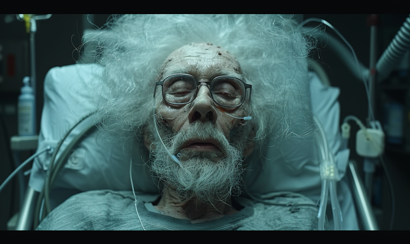 Old man with silver hair lying in hospital bed.