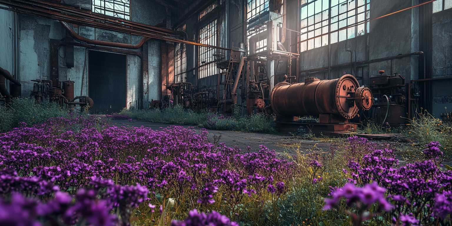 Old manufacturing building with rusted equipment, dull colors.