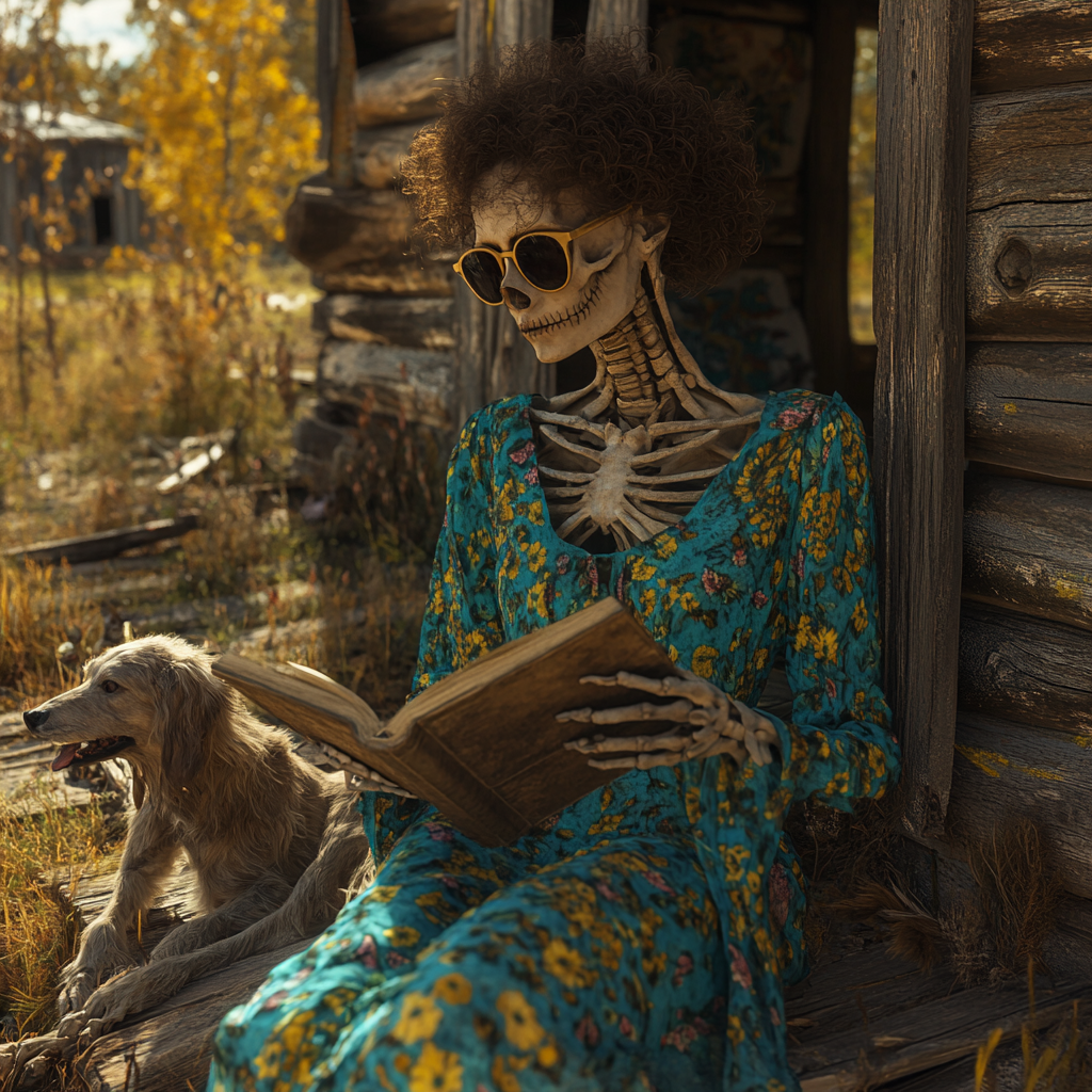 Old skeleton woman in floral dress reads outside decrepit home.