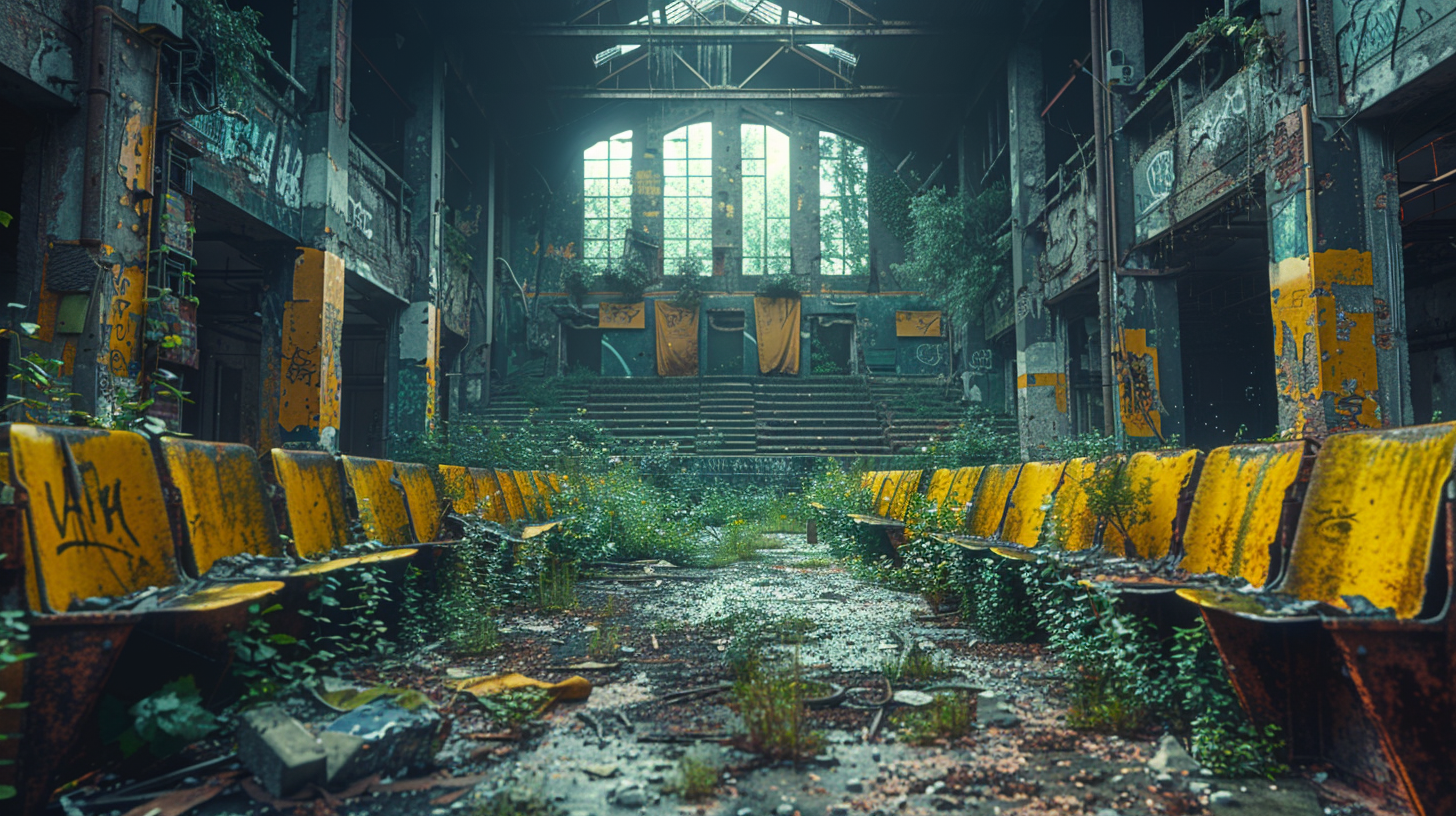 Old sports arena with broken seats and rusted bleachers.