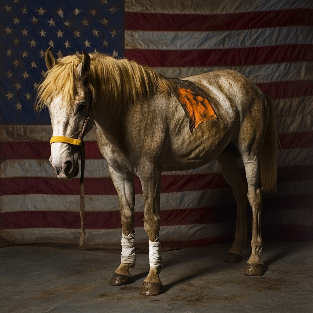 Old tired horse with bandaged knee, orange face makeup, flag background.