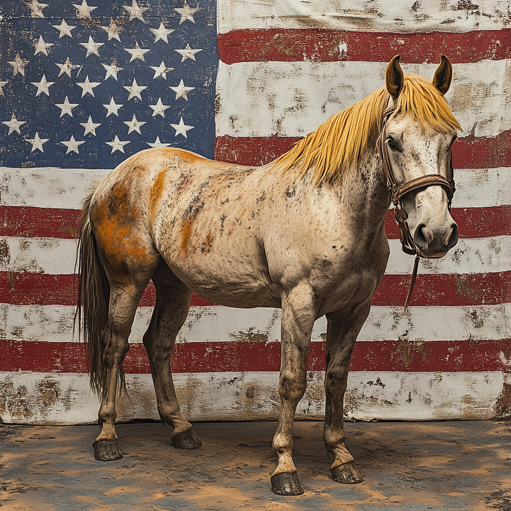 Old tired horse with swayed back and combover hair.