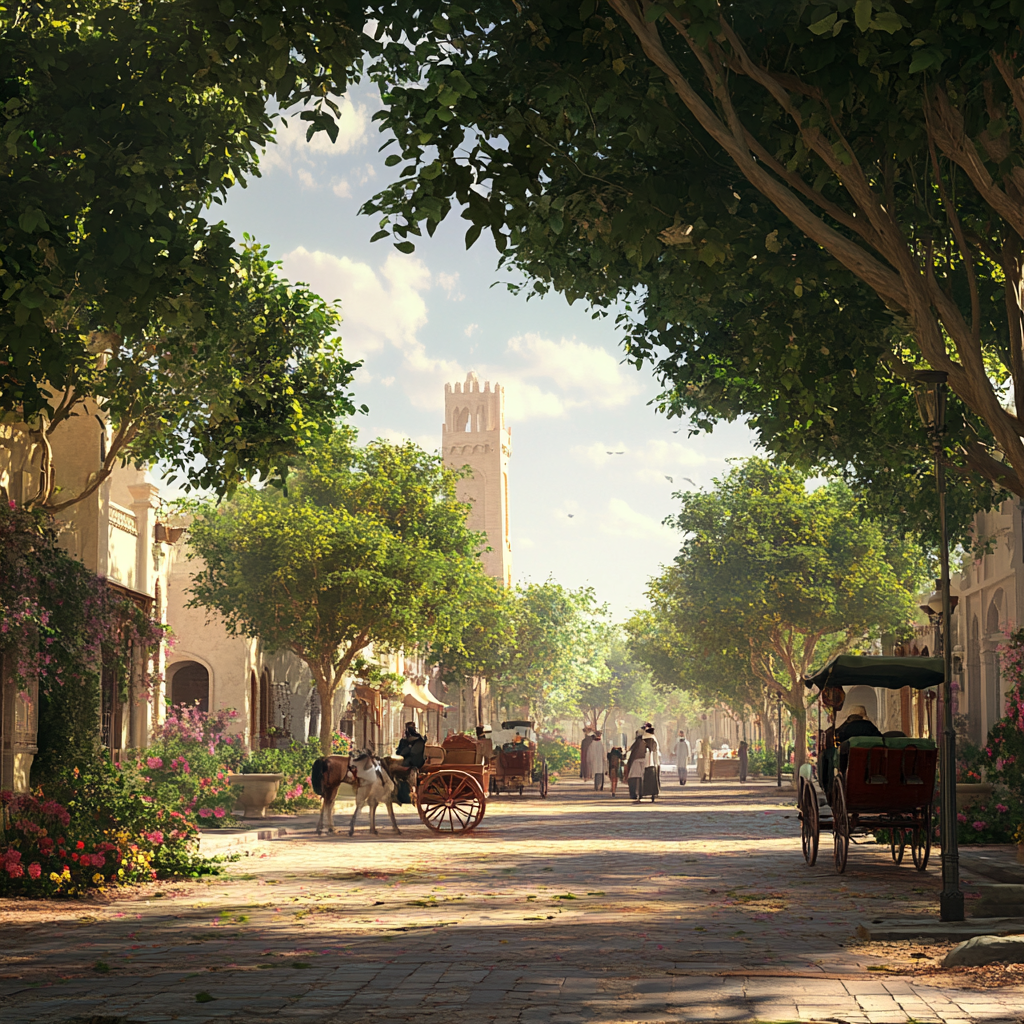 Old town Abu Dhabi in the 1900s, sunny summer.