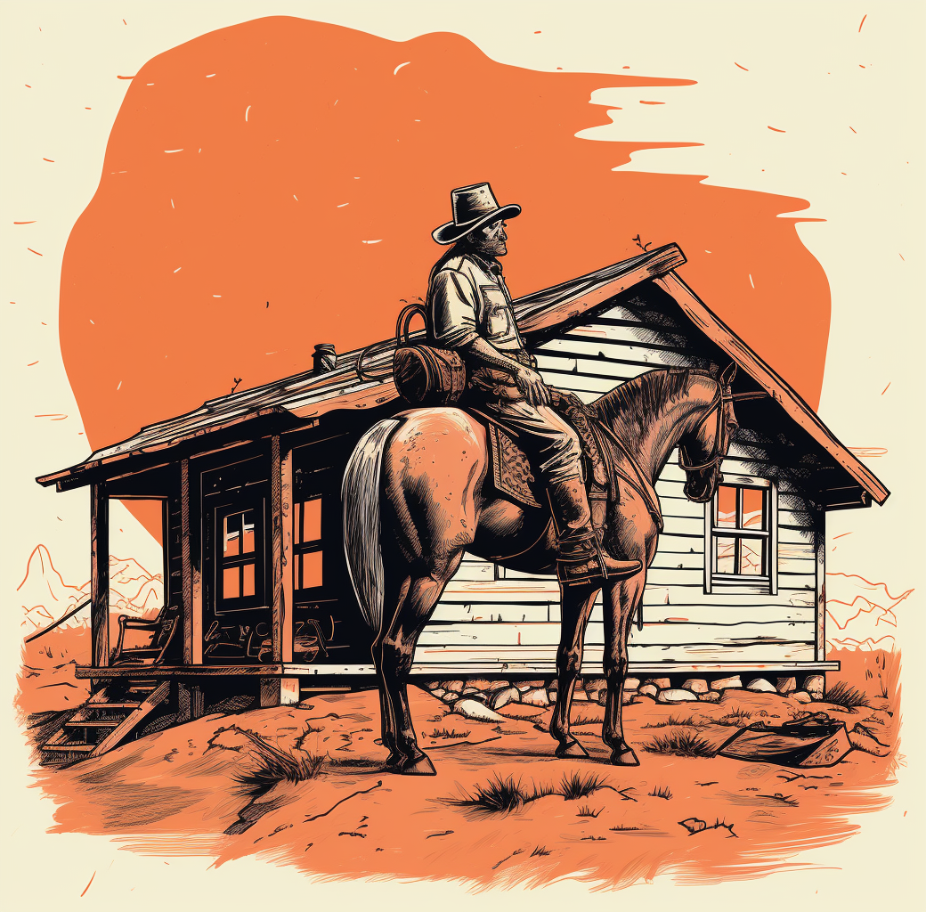 Old west rider on horse under eaves, minimalist retro.