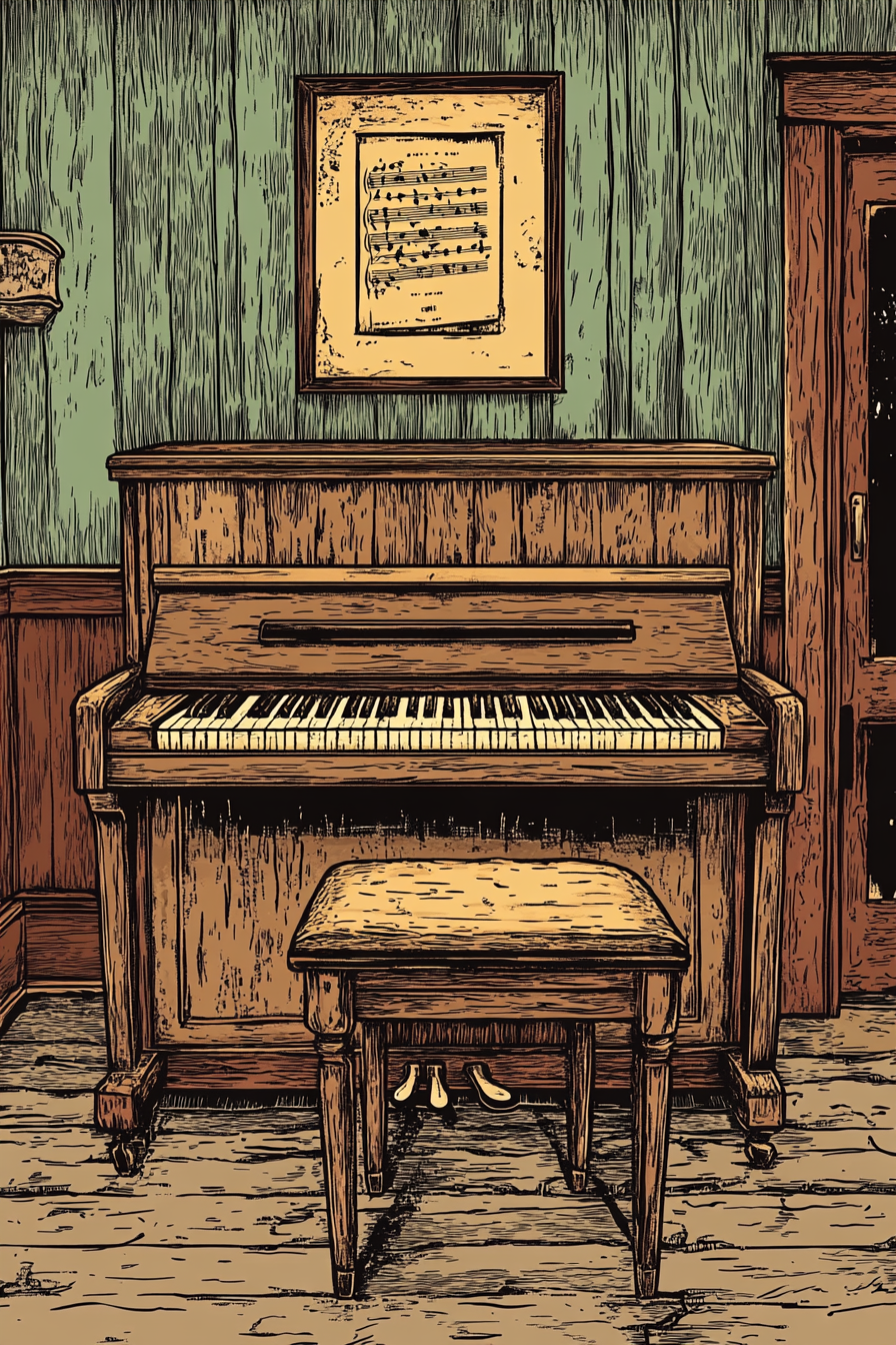 Old west saloon player piano roll cartoon style textured.