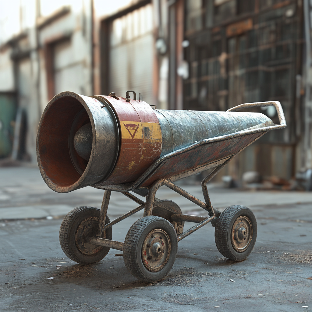 Old wheelbarrow gets comical turbo booster attachment.