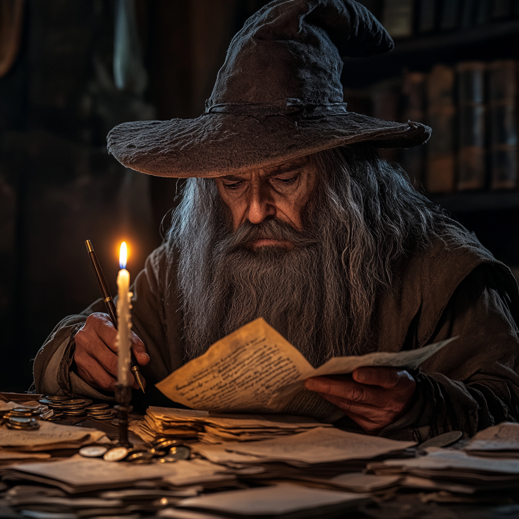 Old wizard in dusty room sorting papers