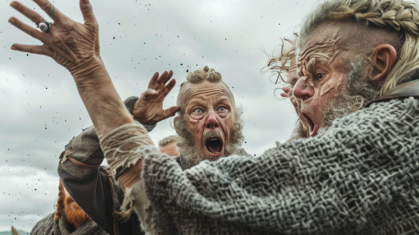 Old woman slapping Viking faces comically 