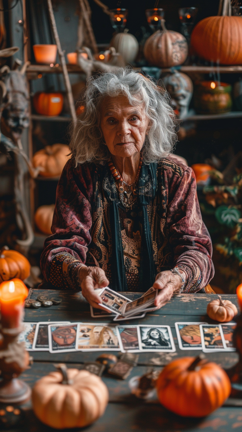 Old woman tarot reader surrounded by pumpkins and candles