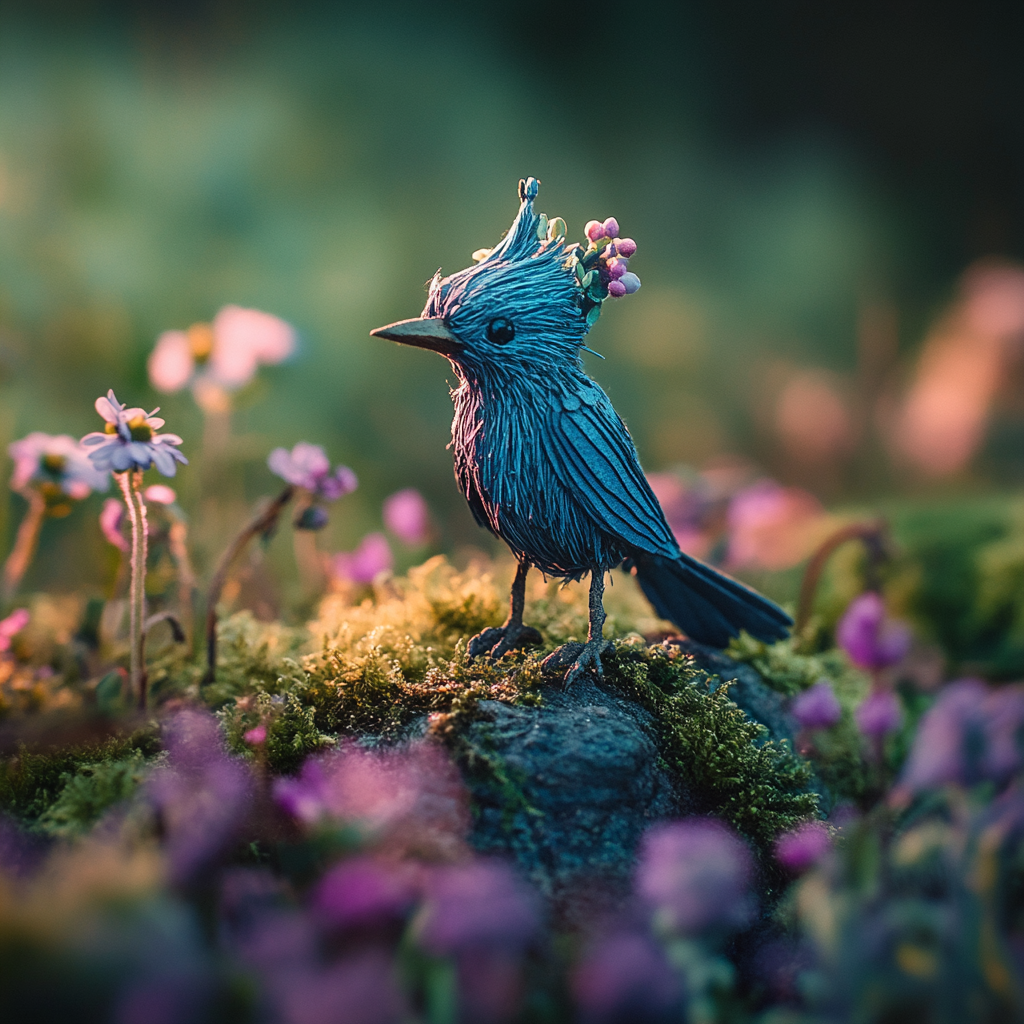 Old wooden blue wren wizard puppet on mossy rock.