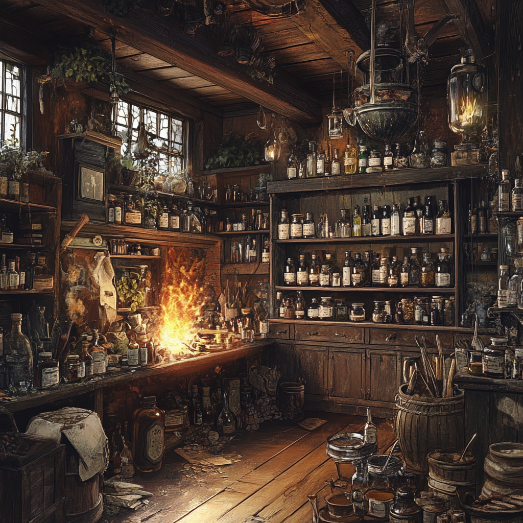 Old-world apothecary shop with herbs, apothecary, fire