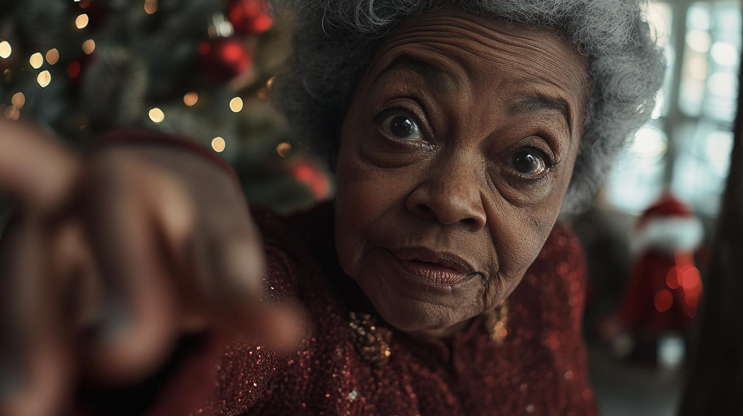 Older African American aunt hugs, Christmas decorations behind.