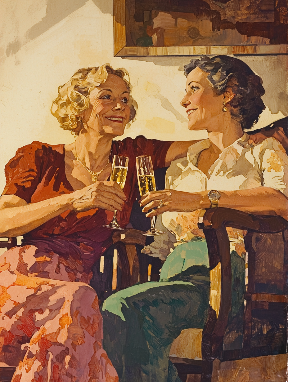 Older lesbian couple celebrating with champagne on book cover.