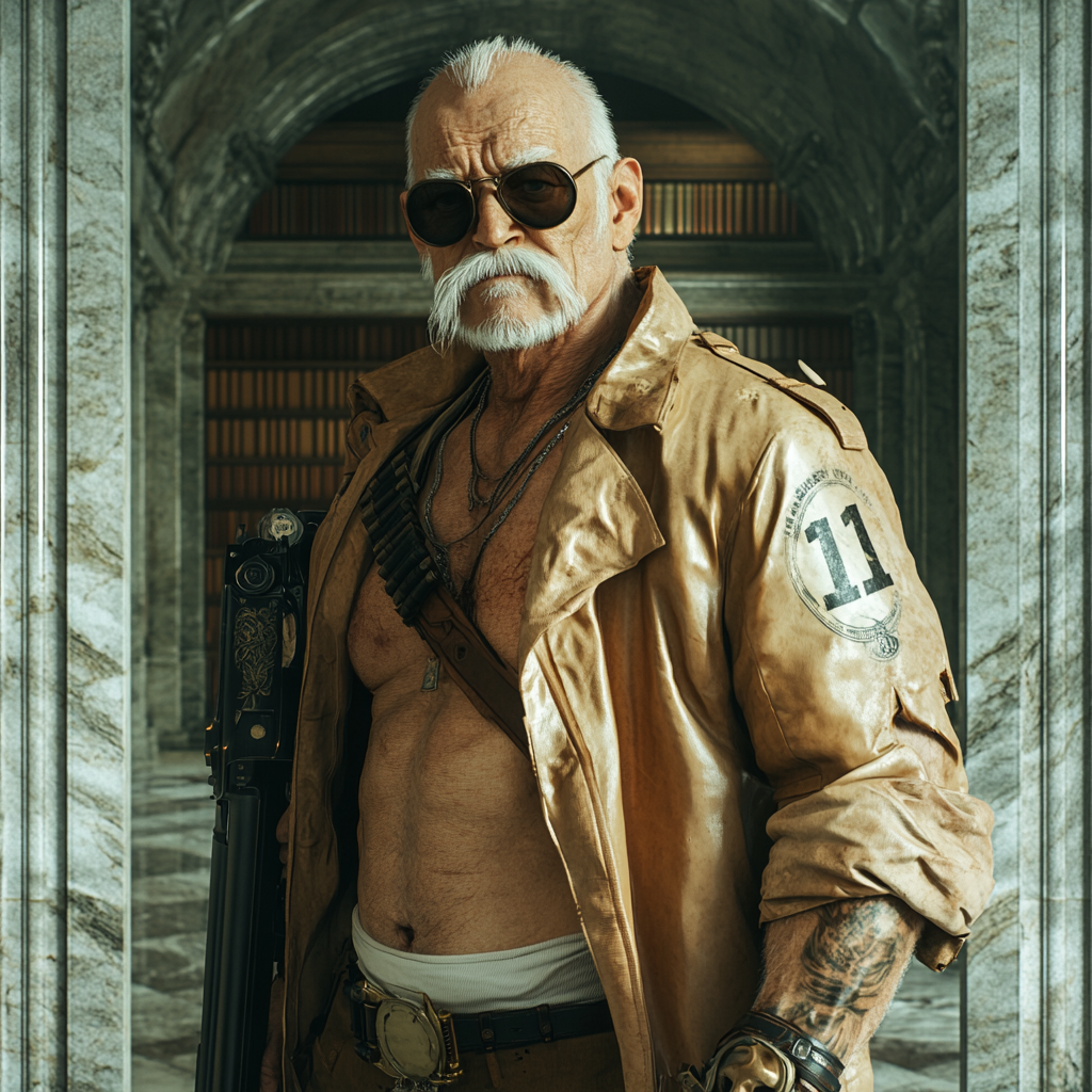 Older man with steampunk revolver in library doorway