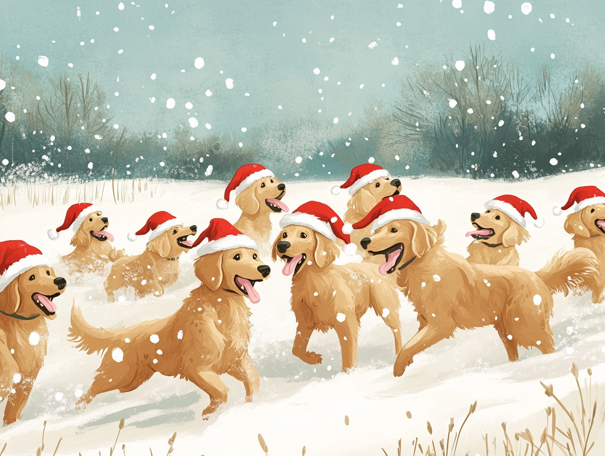 Oliver Jeffers style: Golden Retrievers w/ Santa hats playing.